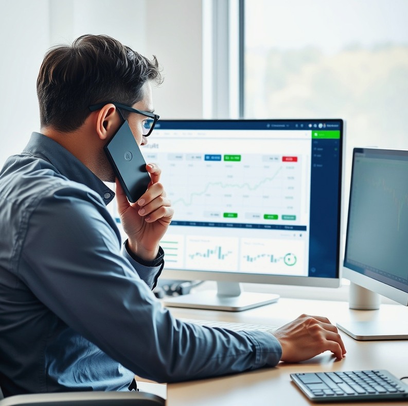 Specialist discussing a broker-interface diagram by phone