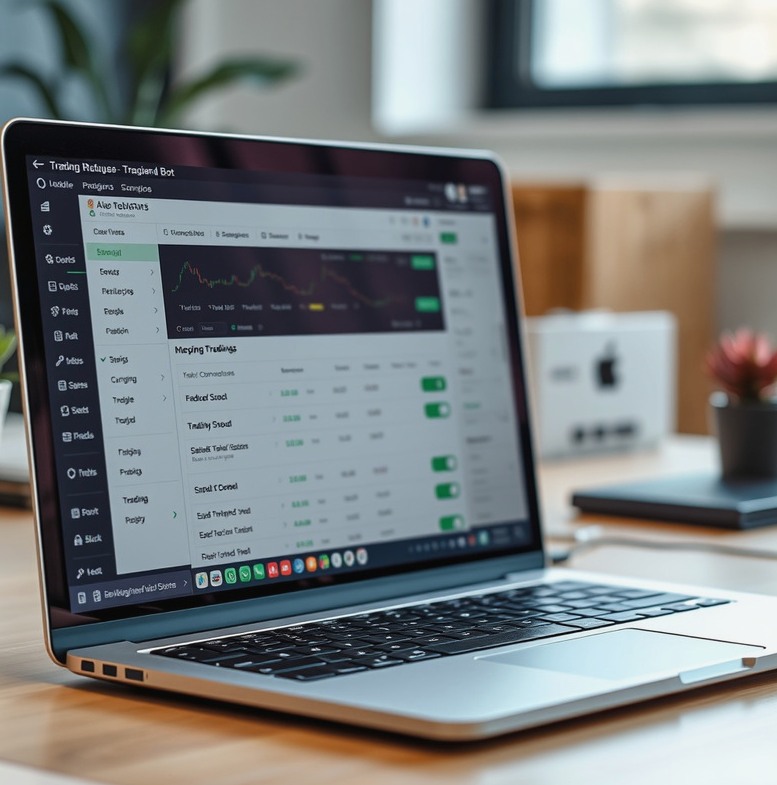 Laptop displaying trading software modules and connection settings